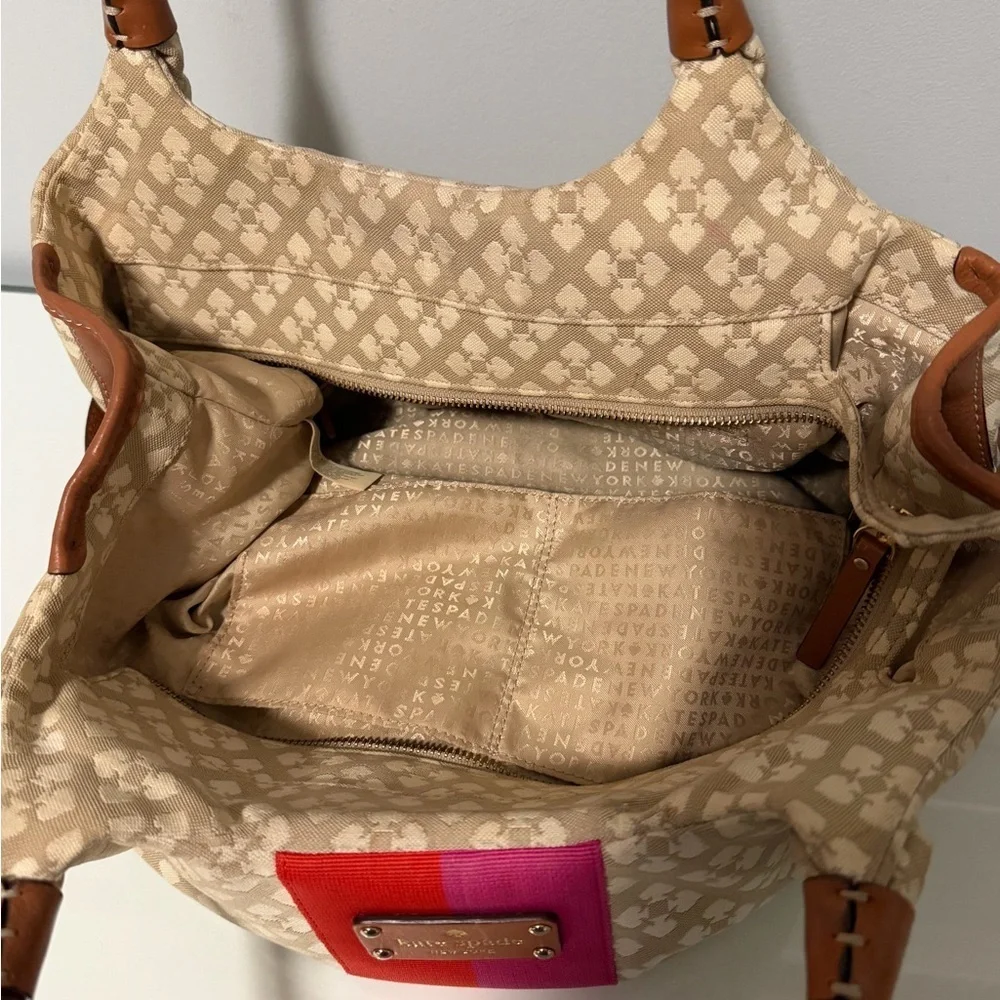 kate spade Beige Canvas Shoulder Bag with Red and Pink Stripe